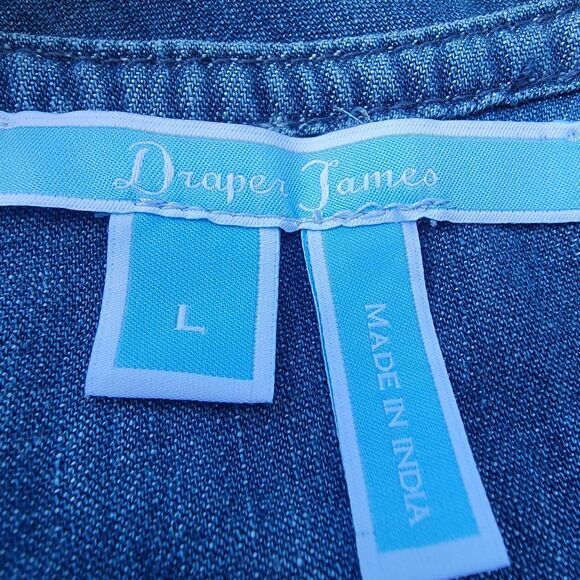 Draper James Sleeveless Dark Denim Chambray Ruffle Shift Dress Wmns Sz L Pockets - Picture 3 of 4